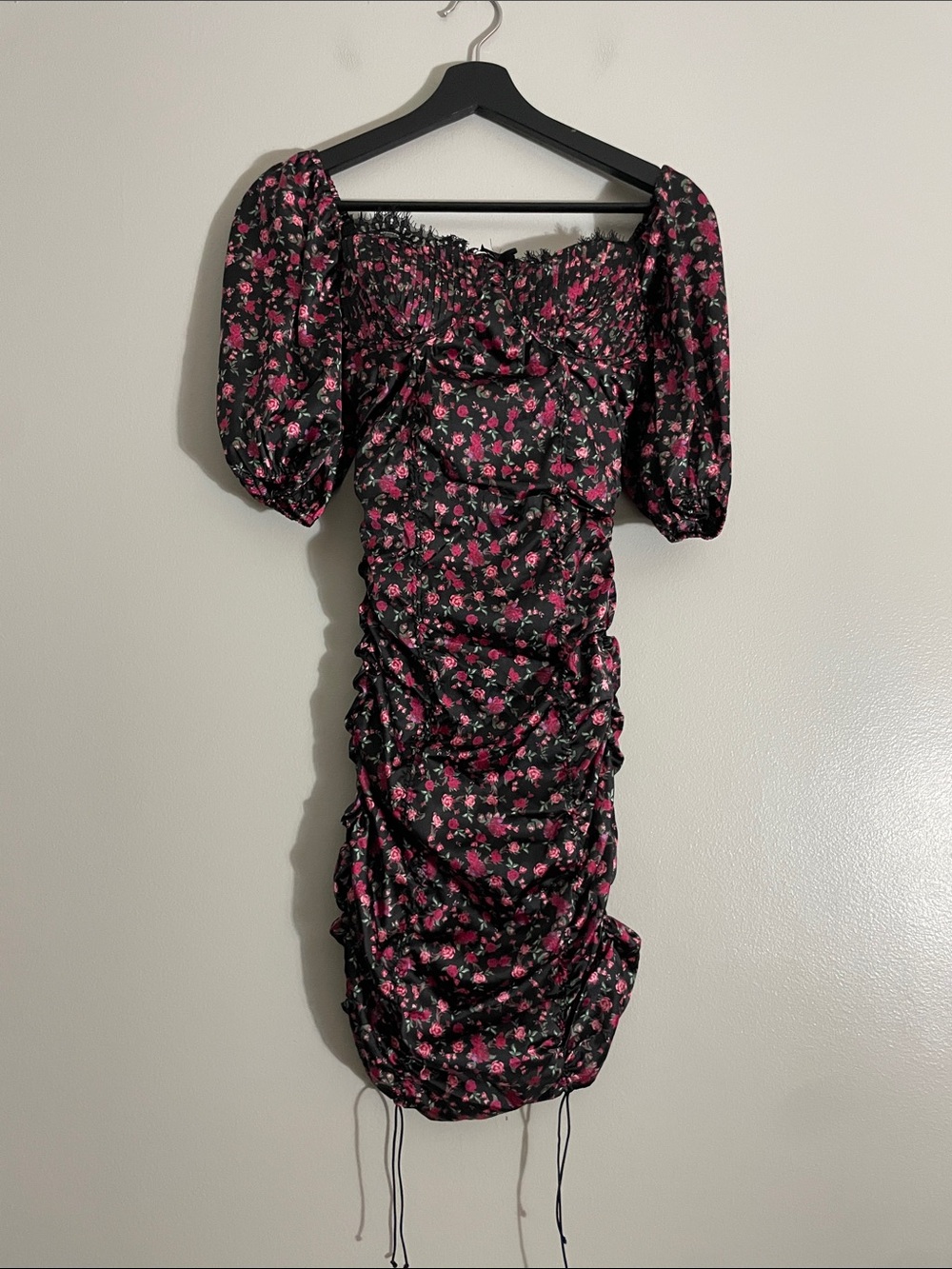 For Love & Lemons Black Floral Ruched Puff Sleeve Midi Dress